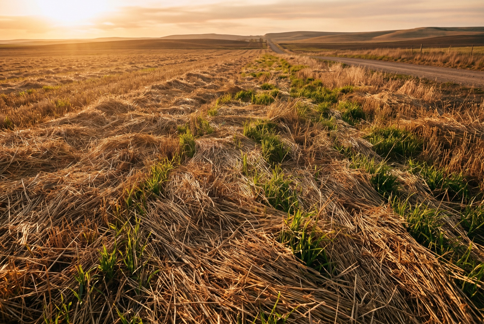 A field of golden cereal-rye cover crop crimped flat into a thick mulch mat with fresh green shoots pushing up through it