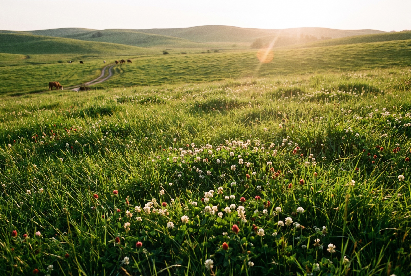 A lush green legume pasture with blooming clover at golden hour, built on ground that started as rock and sand