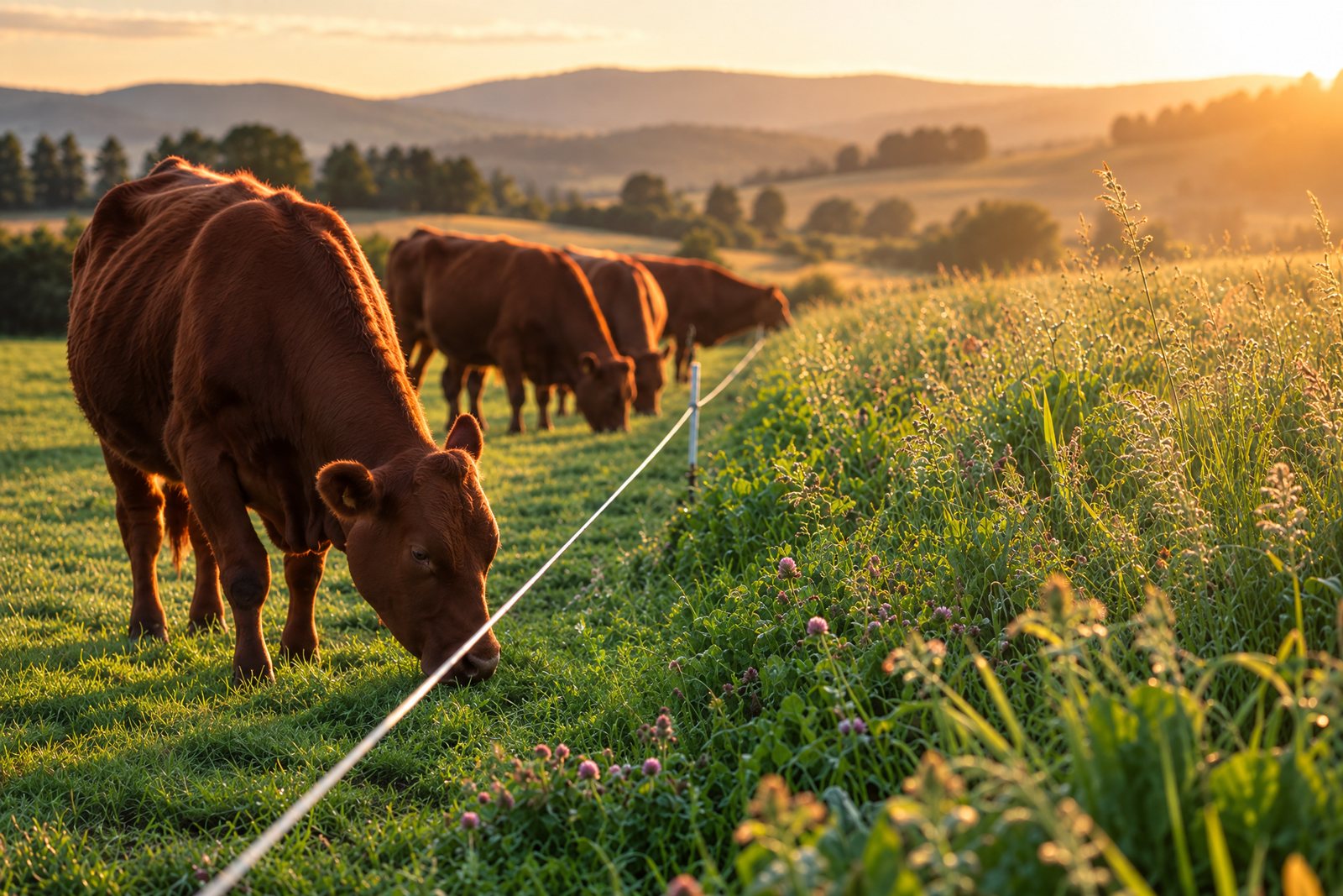 Red South Poll cattle grazing a short paddock beside a tall ungrazed strip of grass and clover, separated by a single electric fence line