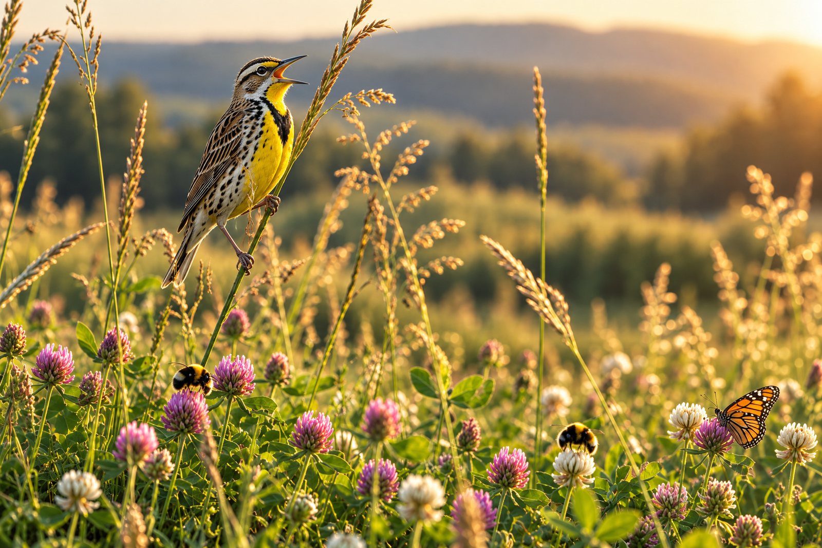 An eastern meadowlark singing from a tall grass stem above flowering clover visited by bees