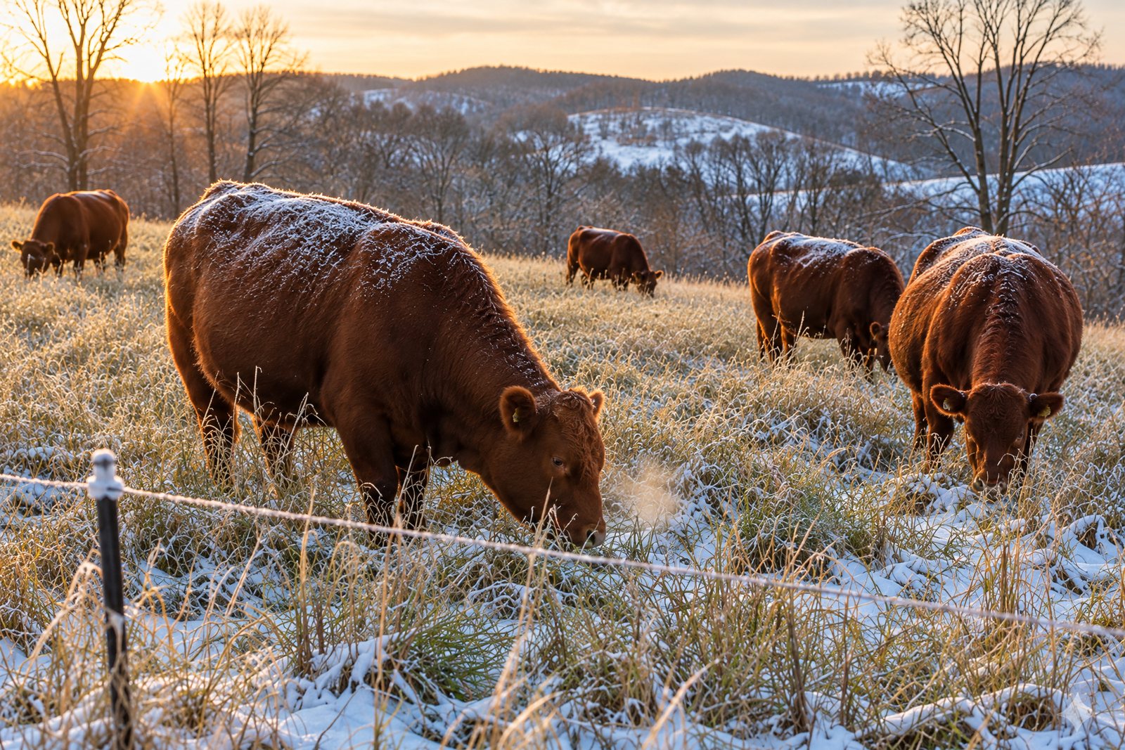 Red cattle grazing tall stockpiled pasture grass through a light dusting of early-winter snow