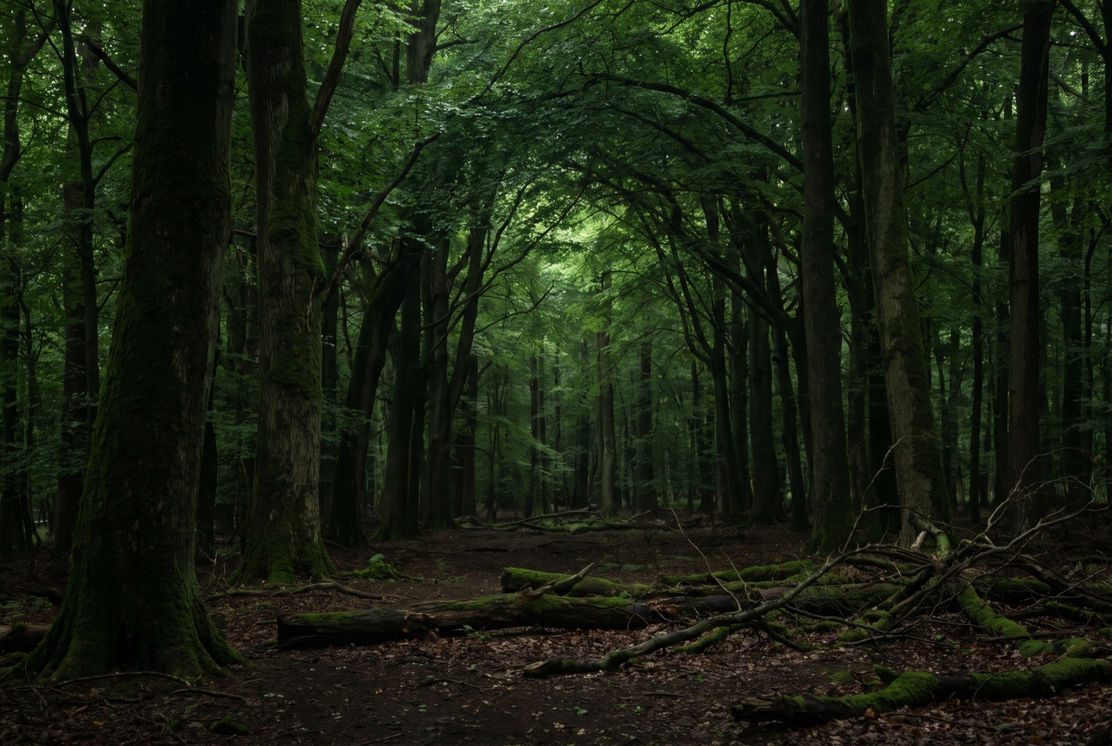 A dense mature hardwood forest with a thick closed canopy overhead and a dark, bare floor of leaf litter and mossy deadfall — no green vegetation where animals feed