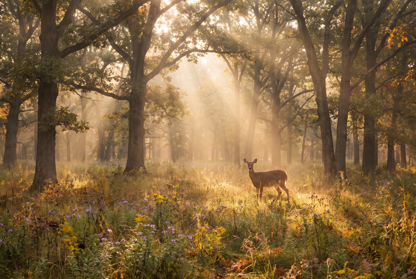 Sunbeams pouring through an open, thinned woodland onto a floor of native grasses and wildflowers, a whitetail deer standing in the light