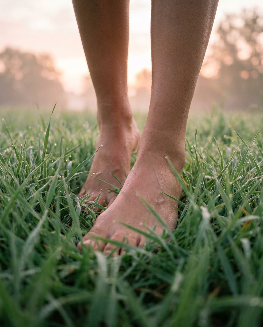 Bare feet standing on thick, dewy grass at sunrise