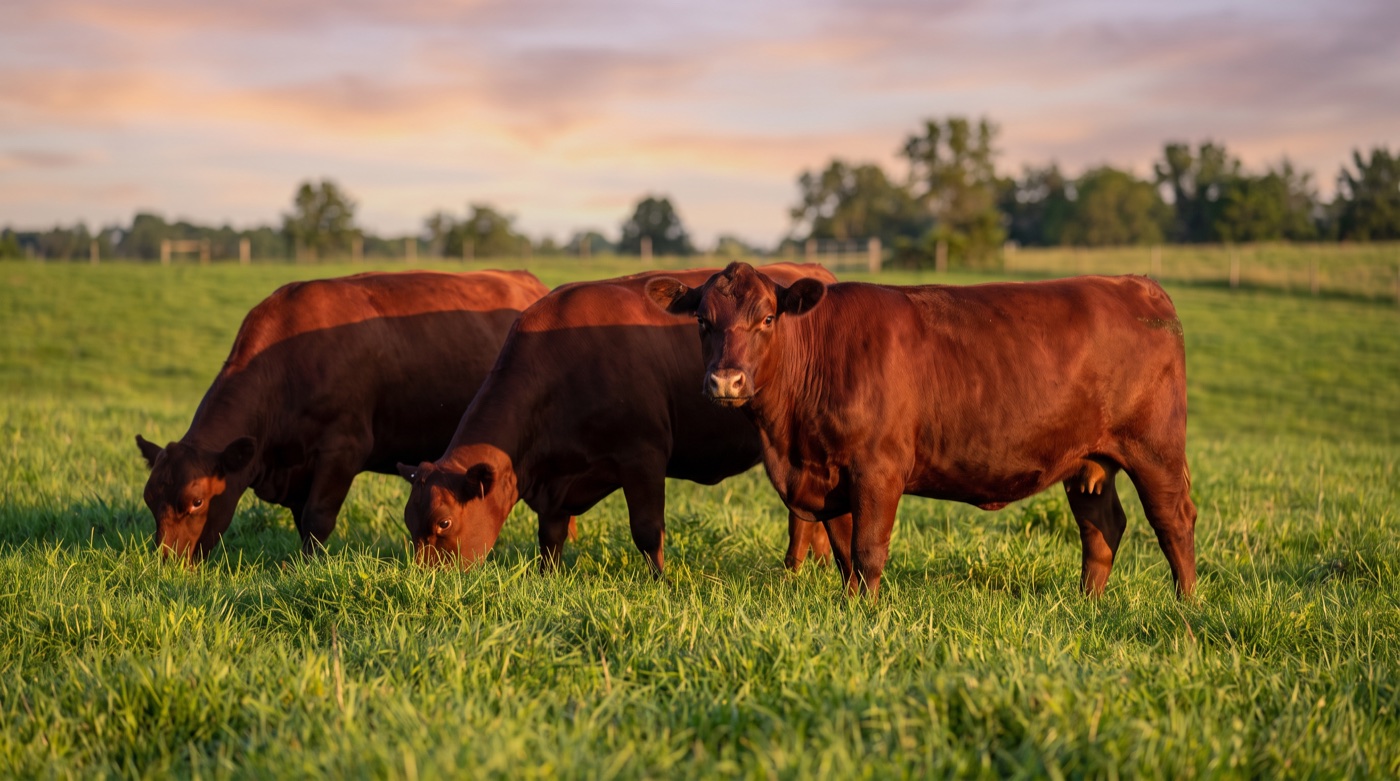 Deep-red South Poll cattle grazing lush pasture at golden hour