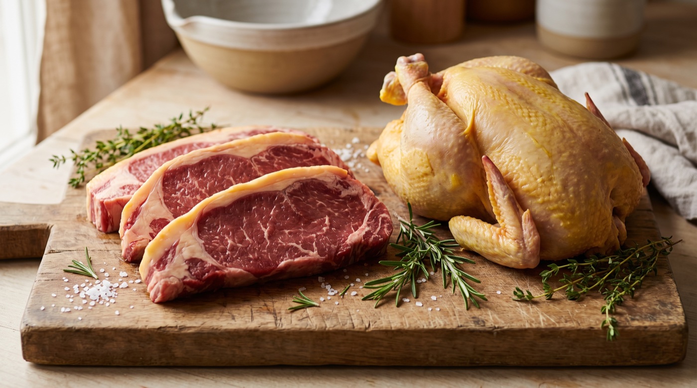 Grass-fed beef with yellow-tinged fat and a pastured chicken on a wooden board