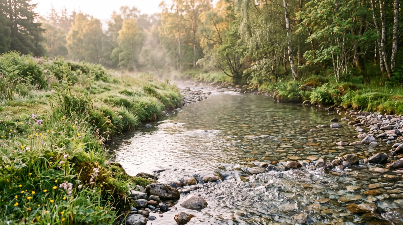 A clear rocky stream running clean over stones through a grassy bank