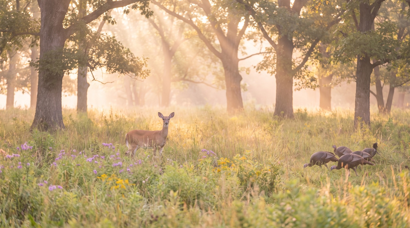 Sunlight reaching the floor of a thinned silvopasture woodland with a whitetail deer and wild turkeys