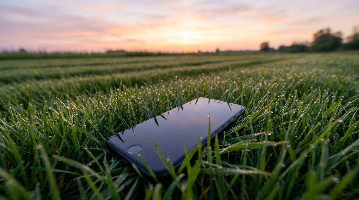 An iPhone resting in dewy grass at sunrise